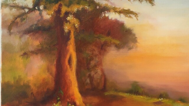 Golden beauty landscape oil painting of golden hour by Indian artist Vasundhara Nanavati