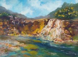 I wanna go here Oil painting of waterfall in blues and greens by Vasundhara Nanavati