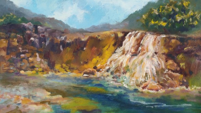 I wanna go here Oil painting of waterfall in blues and greens by Vasundhara Nanavati